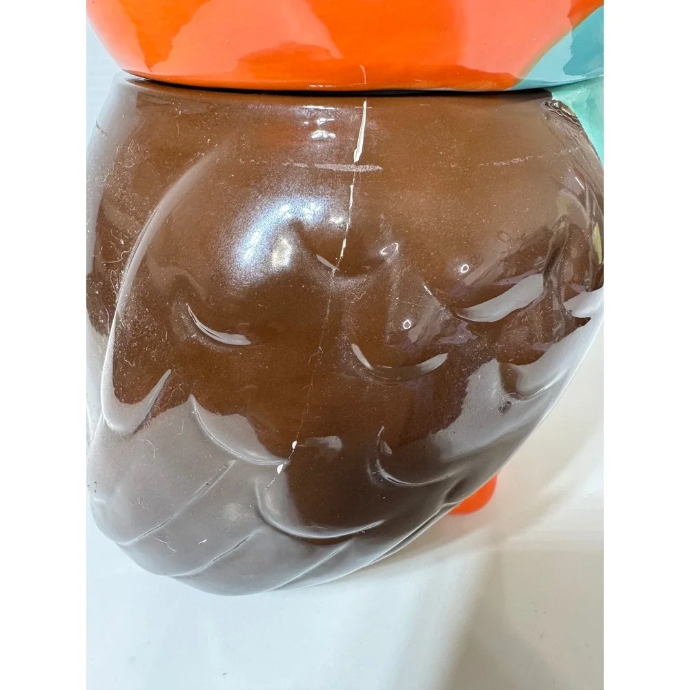 Ceramic Owl Cookie Jar Orange Brown Teal Glossy Fall Decor 9.75in H